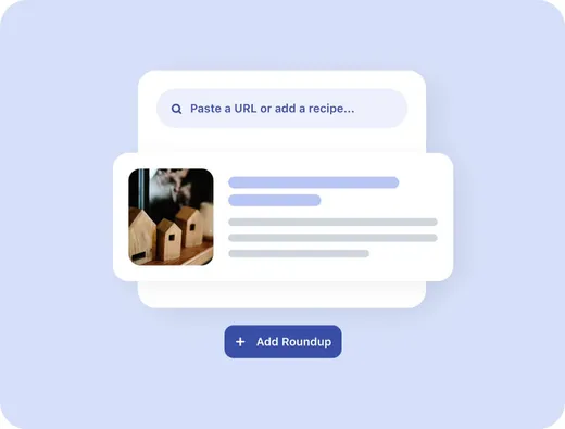 A "Paste a URL or add a recipe" search field with a preview card and an Add Roundup button